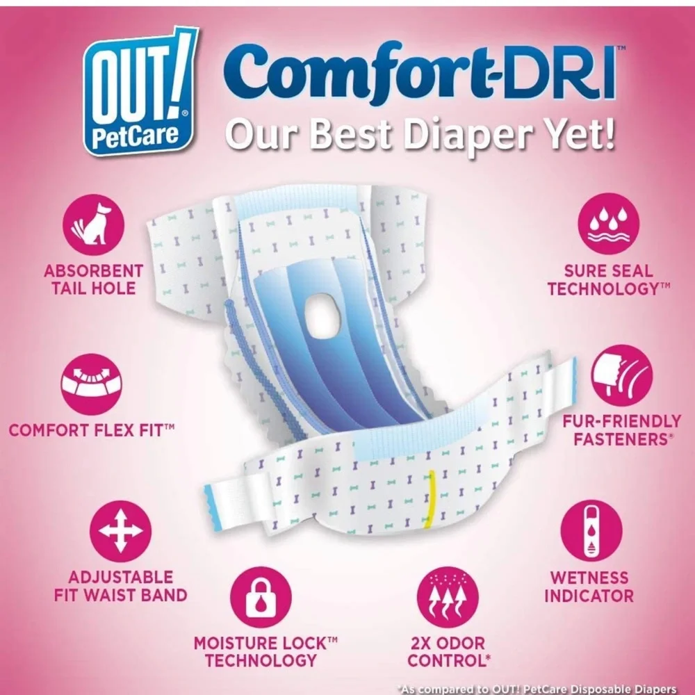 NWT 2 Packs of 14 female dog diapers from Out! Petcare- comfort-Dri Disposable